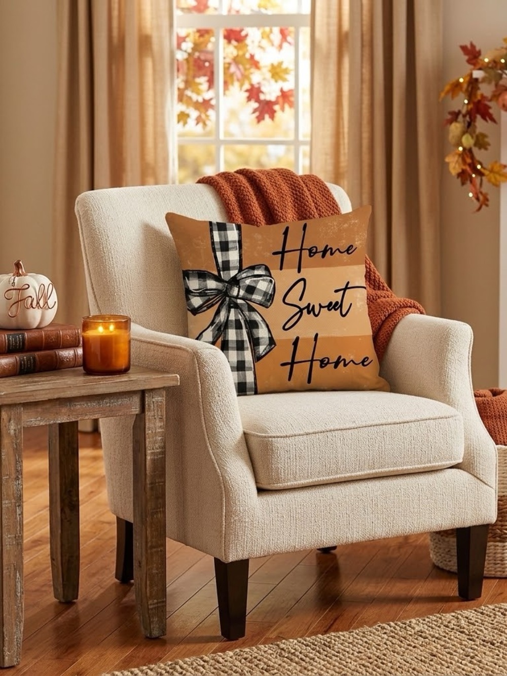 Fall Rust Orange Home Sweet Home Plaid Ribbon Pillow Cover & Pillow Insert 16”x1